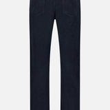 Back view of the AG Everett Slim Corduroy Pant in dark blue, featuring two back pockets and belt loops, displayed against a plain white background to showcase its slim fit and straight leg silhouette.