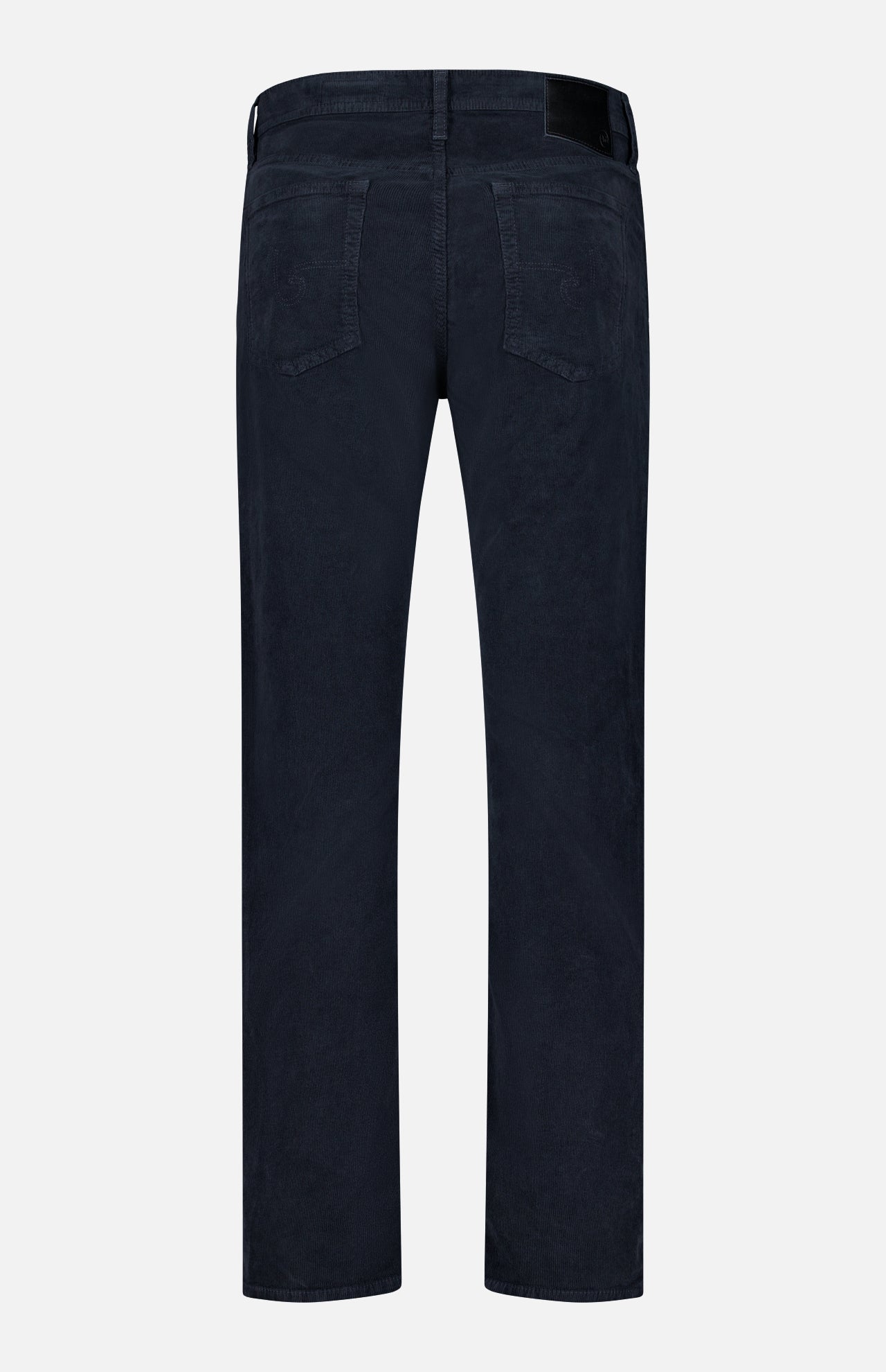 Back view of the AG Everett Slim Corduroy Pant in dark blue, featuring two back pockets and belt loops, displayed against a plain white background to showcase its slim fit and straight leg silhouette.