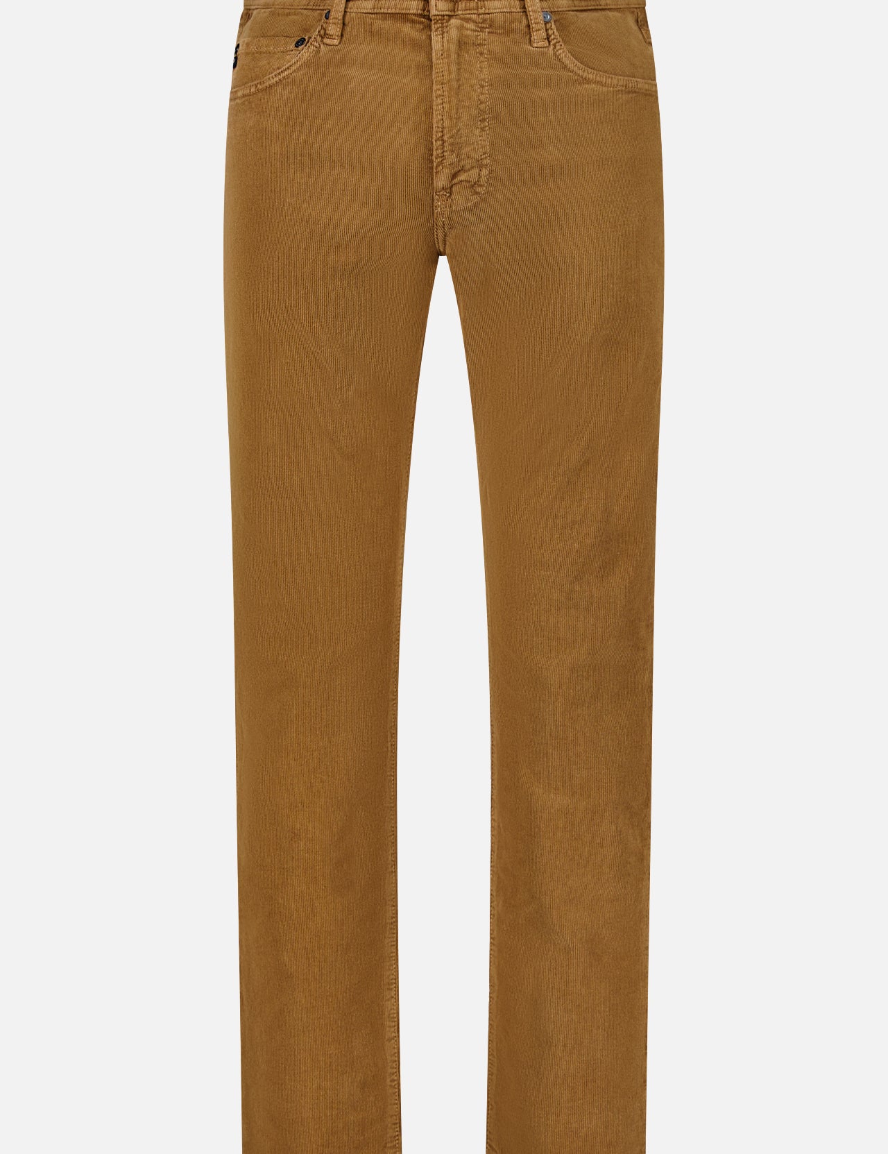 The AG Everett Corduroy Pant in Bronze is pictured from the front against a white background. These pants feature a classic five-pocket design, straight legs, and a bronze-hued button at the waistband.