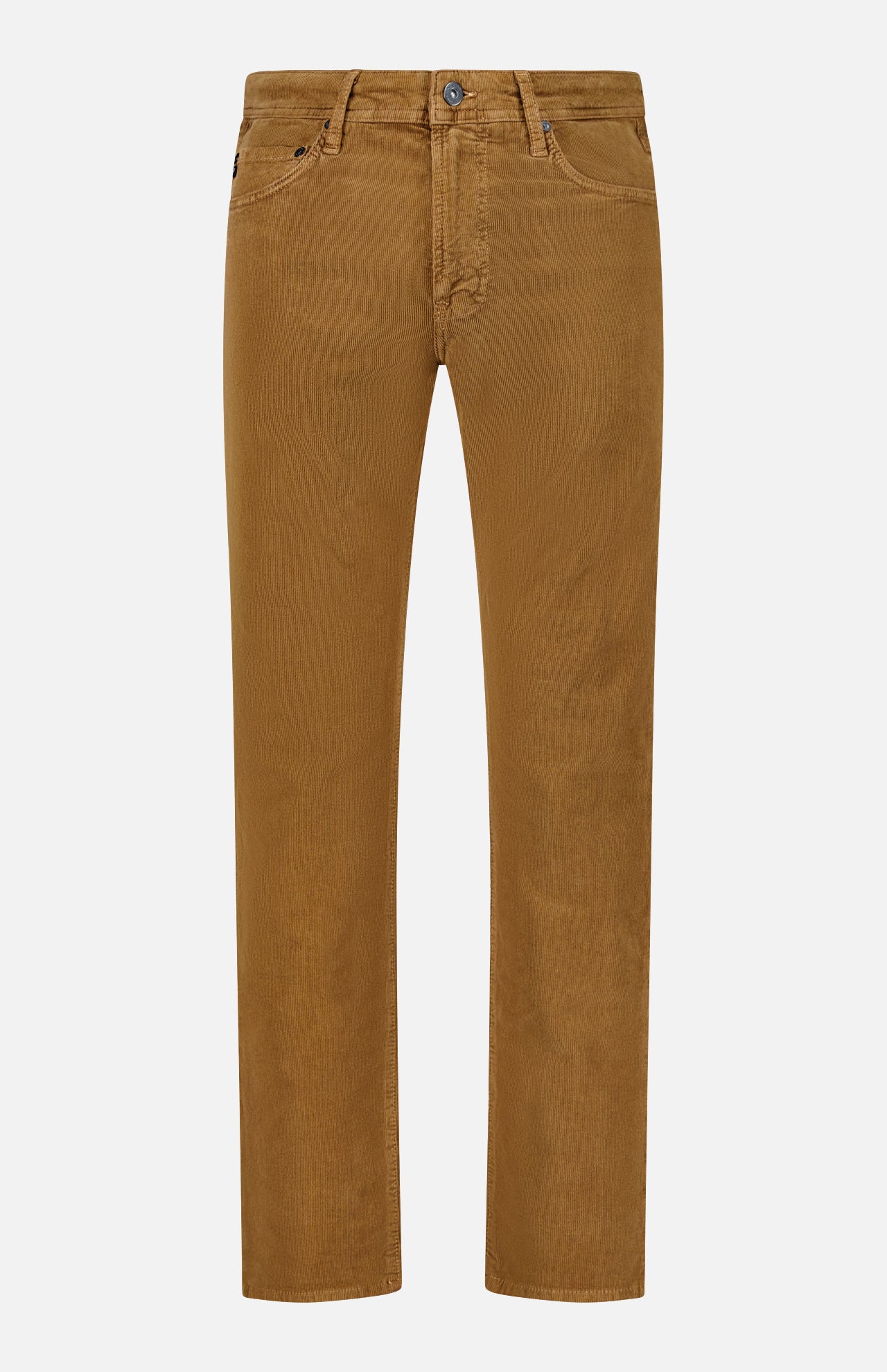 The AG Everett Corduroy Pant in Bronze is pictured from the front against a white background. These pants feature a classic five-pocket design, straight legs, and a bronze-hued button at the waistband.