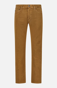 The AG Everett Corduroy Pant in Bronze is pictured from the front against a white background. These pants feature a classic five-pocket design, straight legs, and a bronze-hued button at the waistband.