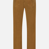 Back view of the AG Everett Corduroy Pant in Bronze, featuring two rear pockets, embroidered detailing, and a brown leather patch on the waistband. Displayed against a plain white background, these slim fit pants showcase their distinctive bronze color.