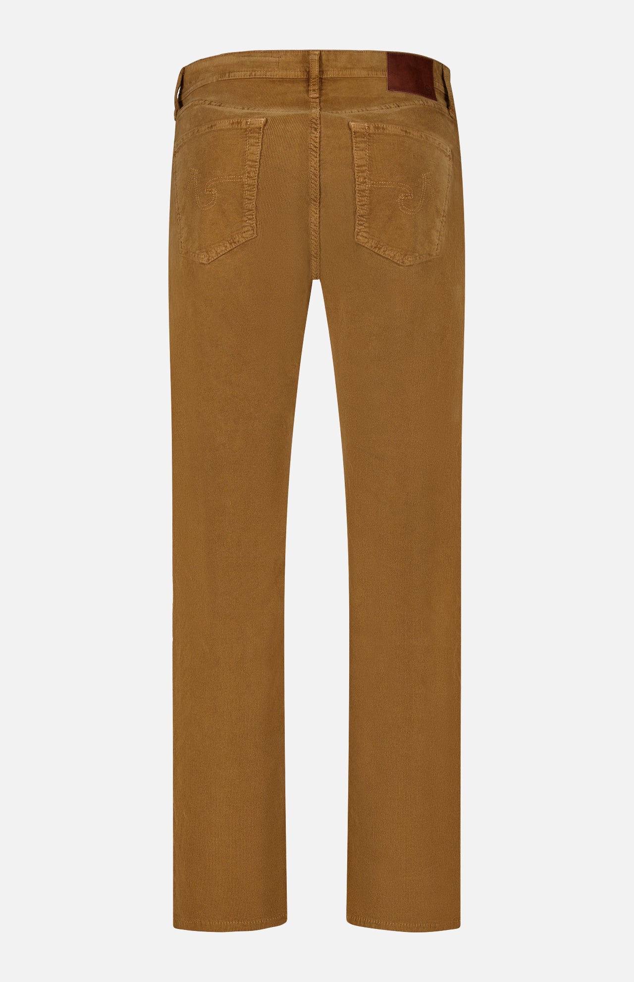 Back view of the AG Everett Corduroy Pant in Bronze, featuring two rear pockets, embroidered detailing, and a brown leather patch on the waistband. Displayed against a plain white background, these slim fit pants showcase their distinctive bronze color.
