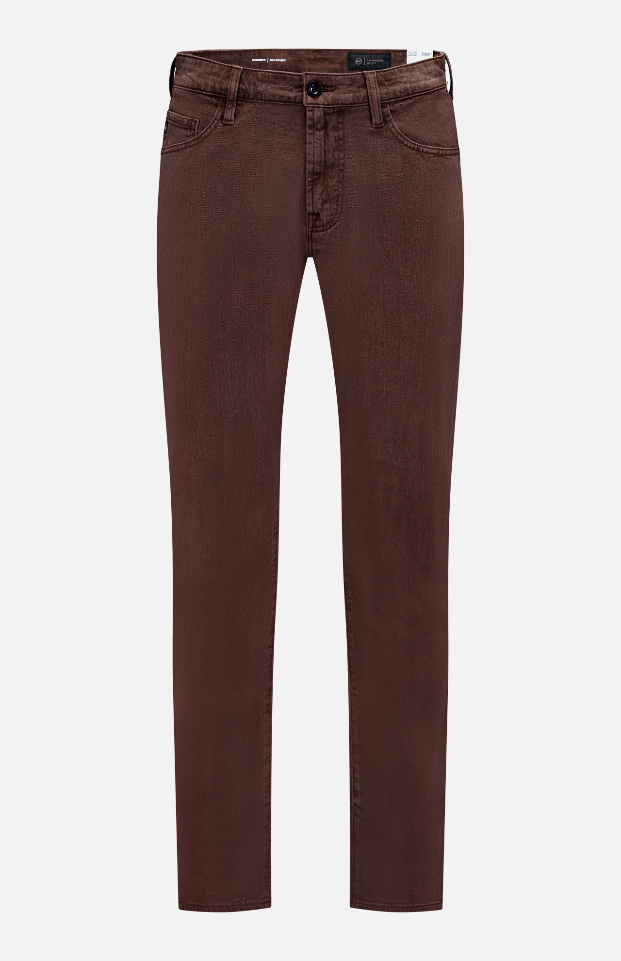 The Everett Pants in Sulfur by AG are slim-fit, brown linen-blend jeans with front and back pockets, zip fly, and belt loops, shown against a white background.