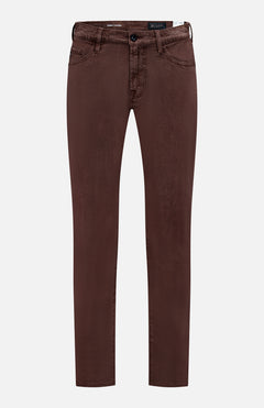 The Everett Pants in Sulfur by AG are slim-fit, brown linen-blend jeans with front and back pockets, zip fly, and belt loops, shown against a white background.