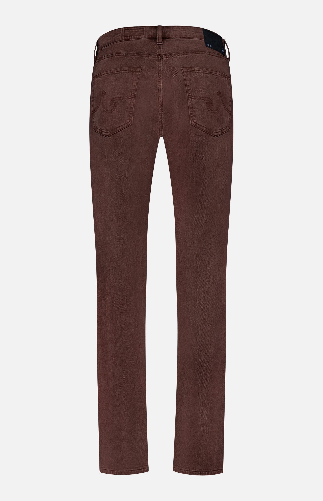 Back view of AG Everett Pants in Sulfur, slim fit denim with two back pockets featuring decorative stitching and a black waistband patch, shown against a plain light background.