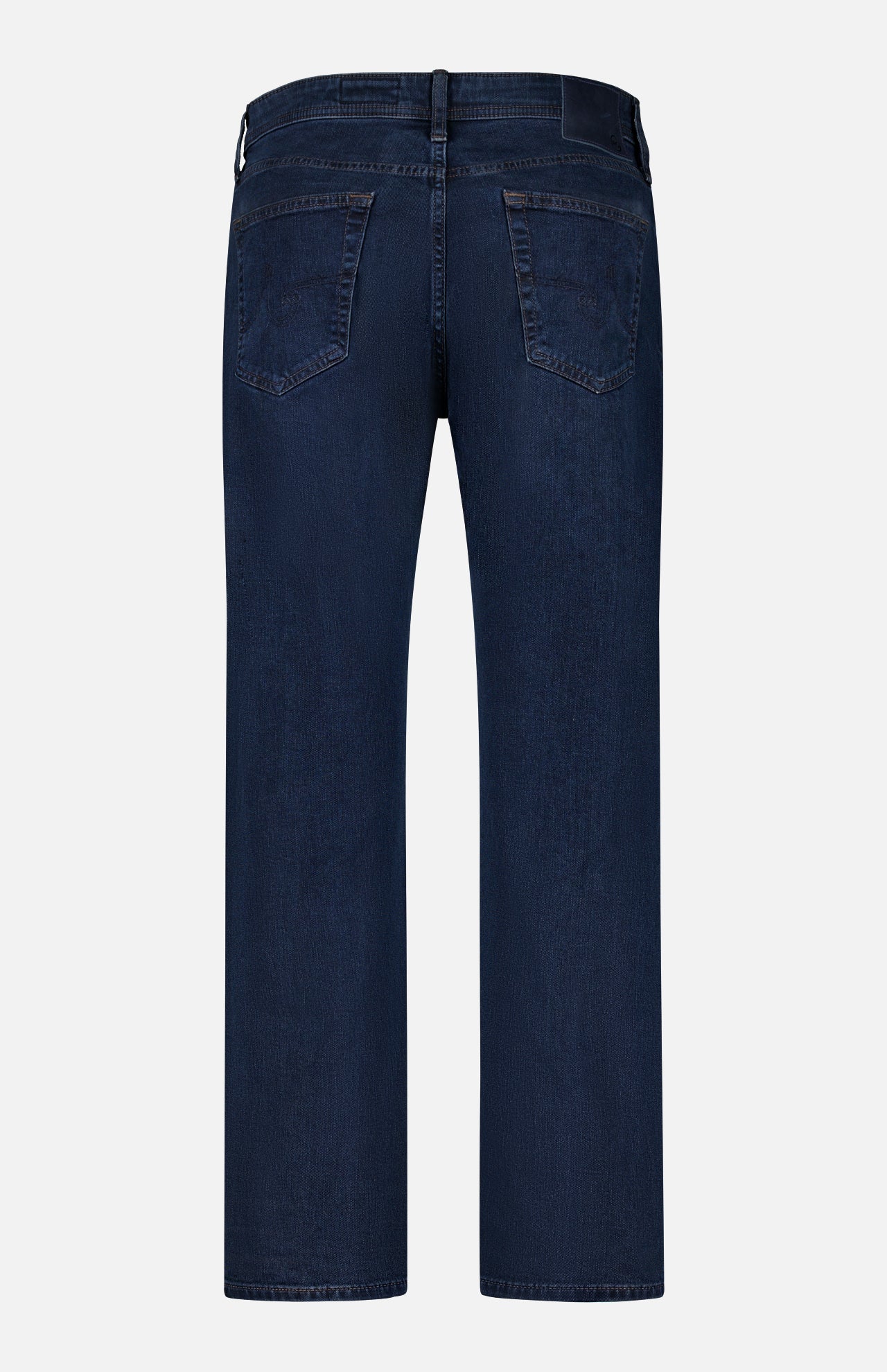 Back view of the AG Graduate Pant in Studio, featuring ultra-dark blue denim with two back pockets, prominent stitching, and a straight leg cut with vintage-inspired details, displayed against a plain white background.