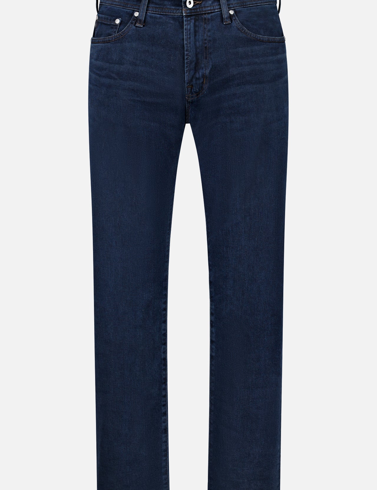 AG’s Graduate Pant in Studio features an ultra-dark blue wash in a straight-leg silhouette, designed with front and back pockets, classic button and zipper closure, and belt loops for a touch of vintage detail, displayed against a plain white background.