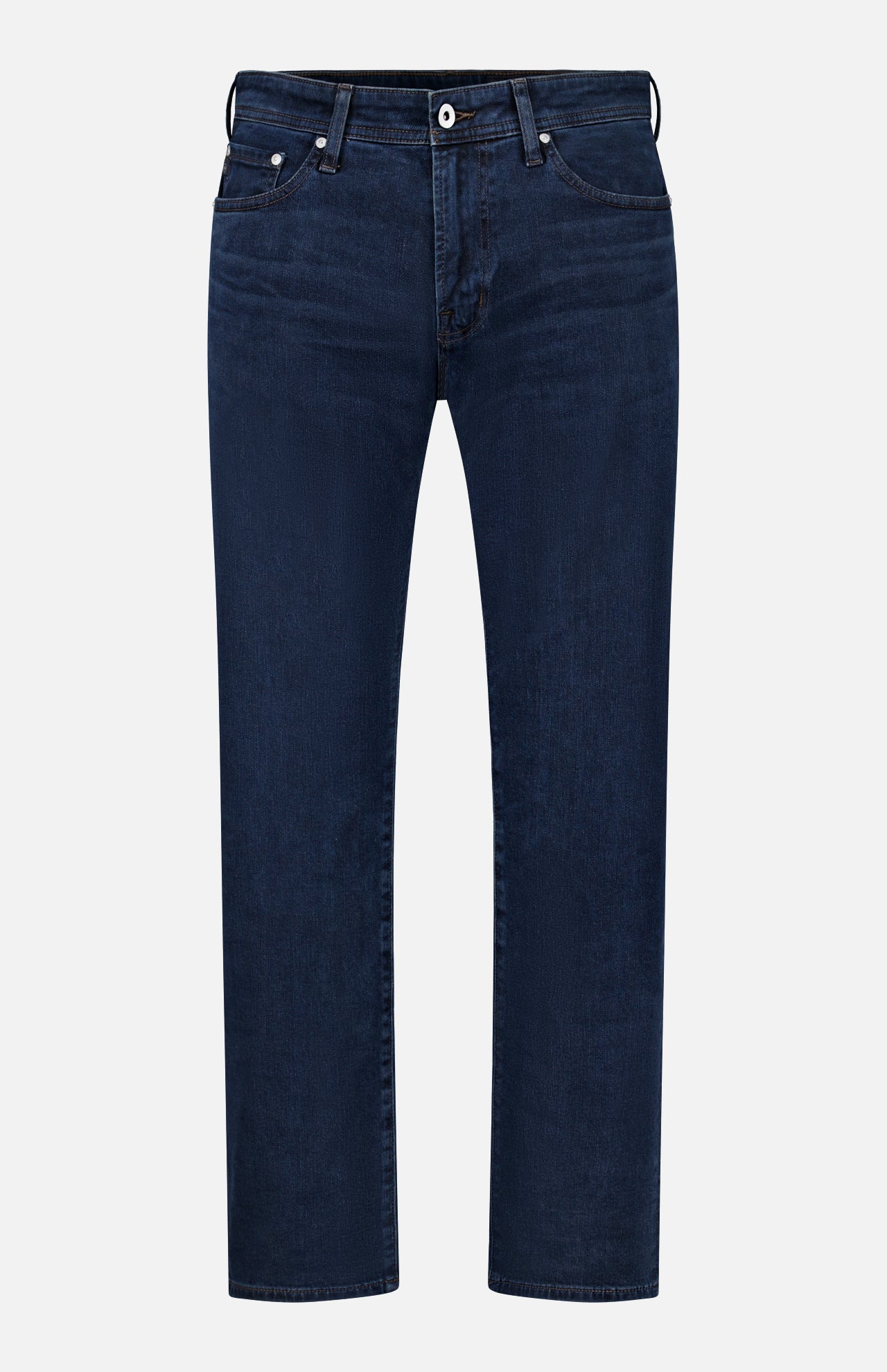 AG’s Graduate Pant in Studio features an ultra-dark blue wash in a straight-leg silhouette, designed with front and back pockets, classic button and zipper closure, and belt loops for a touch of vintage detail, displayed against a plain white background.