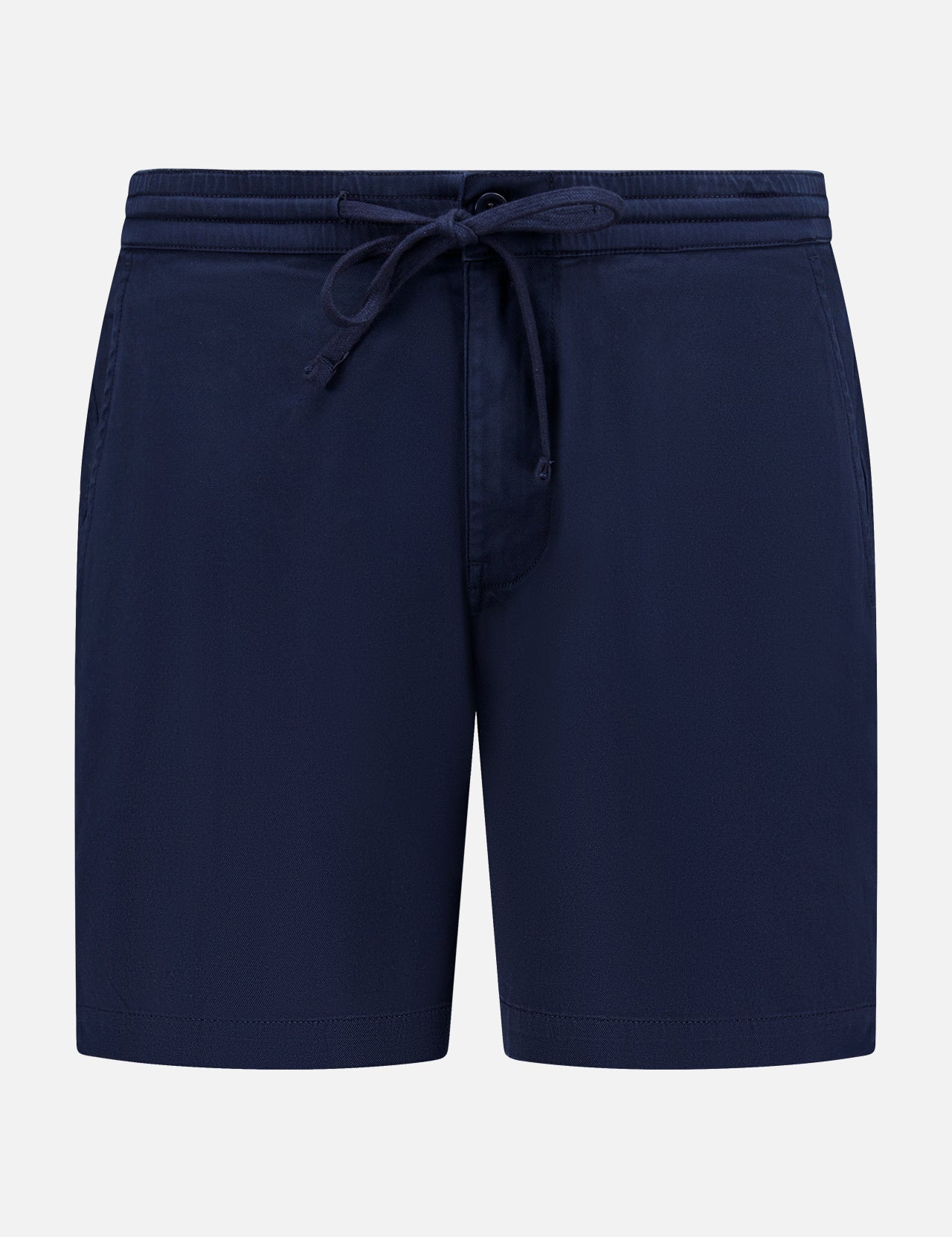 The AG Oliver Drawstring Shorts feature a mid-rise fit, elastic waistband with drawstring, front pockets, and a minimalist navy design, shown against a plain white background.