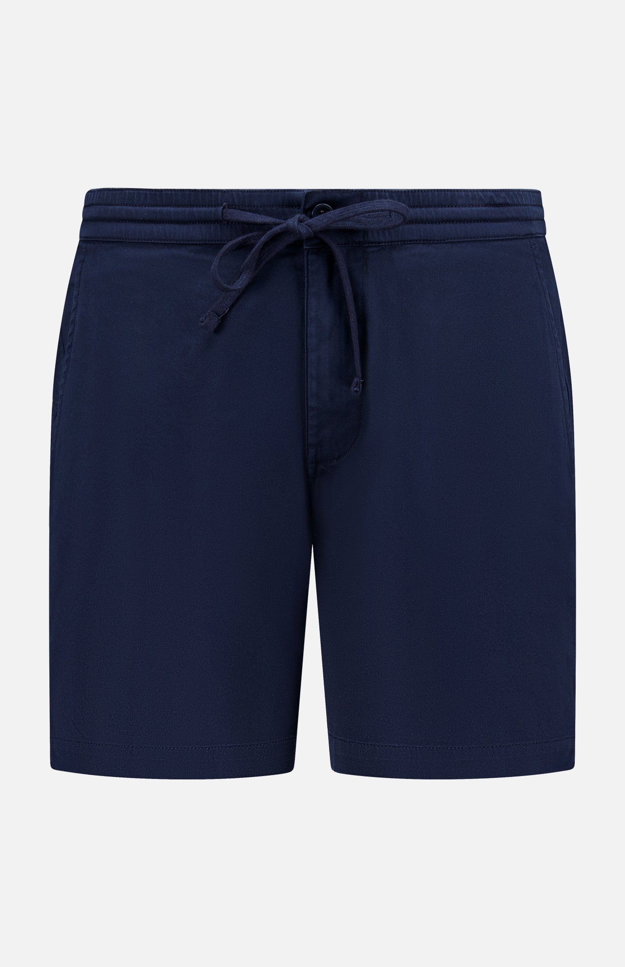 The AG Oliver Drawstring Shorts feature a mid-rise fit, elastic waistband with drawstring, front pockets, and a minimalist navy design, shown against a plain white background.