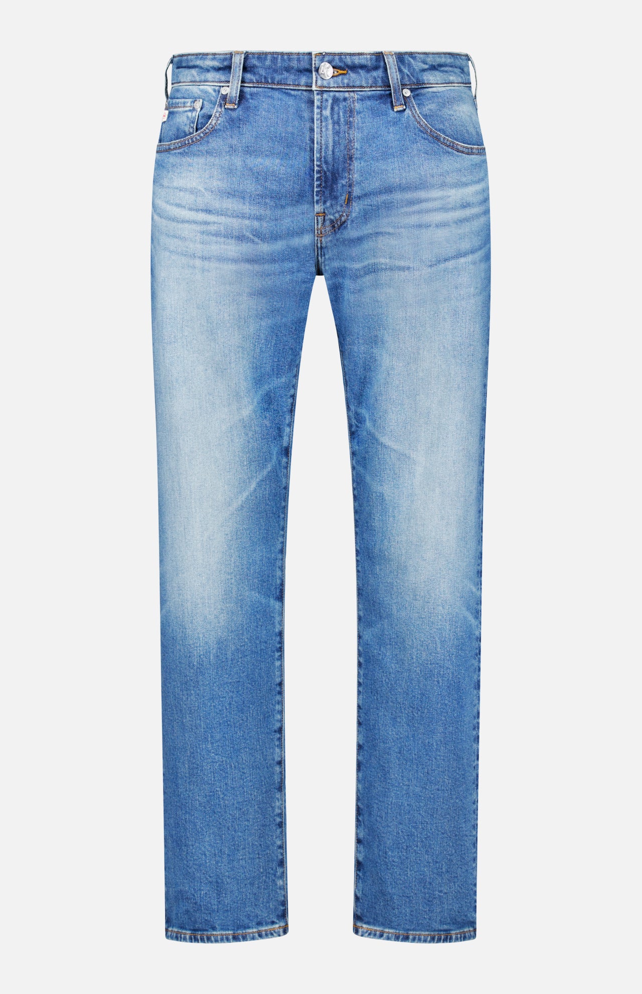 The Protege Jean in 14 Years by AG features light blue denim with a faded effect on the front thighs and knees, a classic five-pocket design, button and zipper closure, and a straight leg silhouette with subtle vintage detailing, shown against a white background.