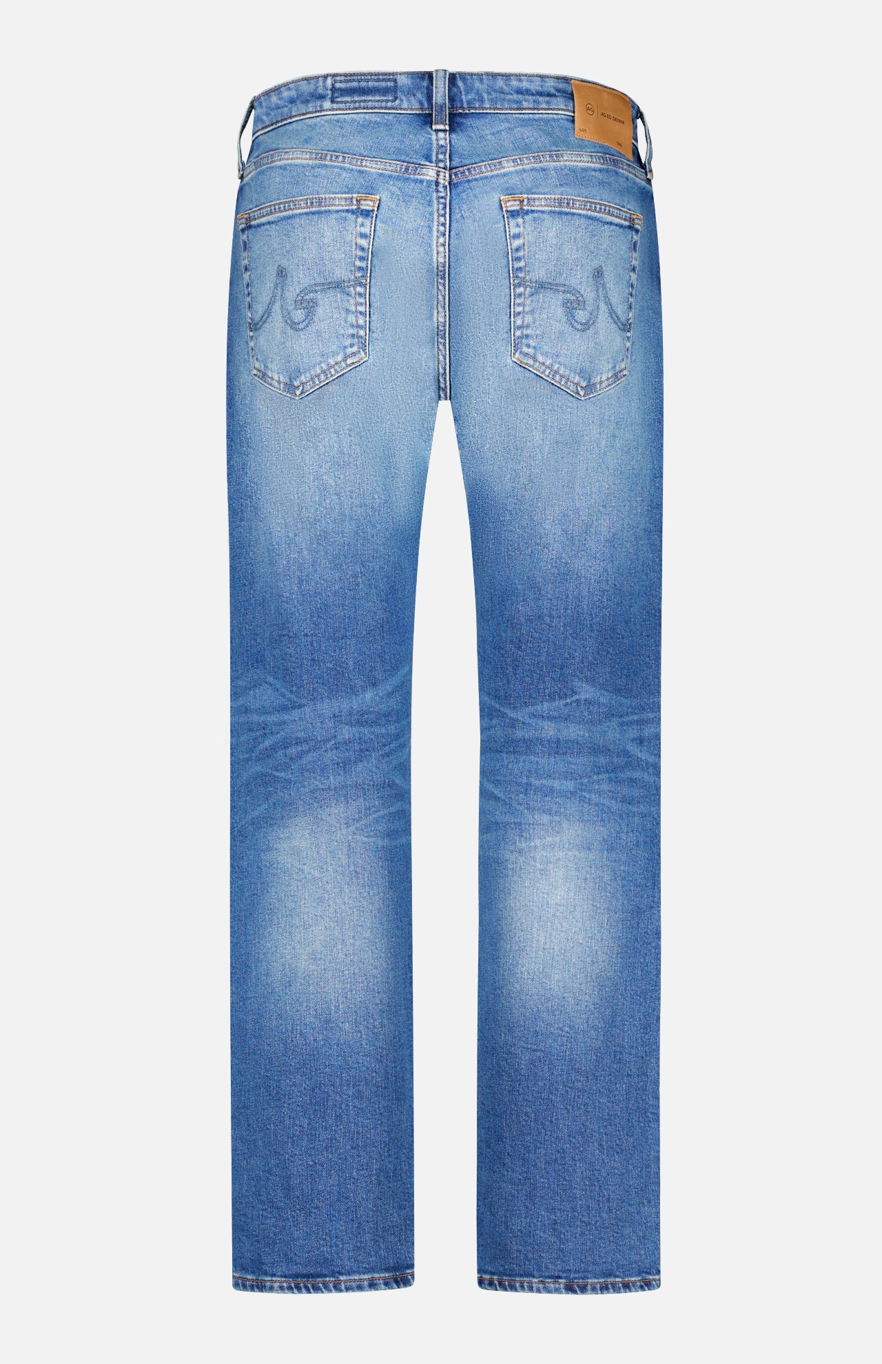 Back view of the AG Protege Jean in 14 Years, featuring light blue straight leg denim with two back pockets, faded vintage detailing, contrast stitching, and a brown leather patch on the waistband.