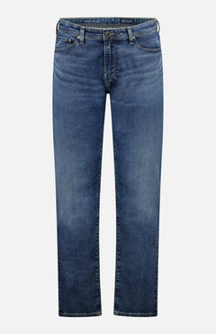 The AG Protege Cloud Soft Jeans in Moorten feature classic dark blue denim, a straight leg cut, front pockets, belt loops, and a button fly, displayed against a plain white background.