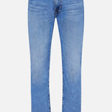 The AG Protege Straight Leg Jeans in Promise are comfortable, stretch light blue denim with five pockets and a button closure, featuring a classic straight leg silhouette. Shown against a white background.