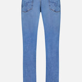 Back view of AG's Protege Straight Leg Jeans in Promise—comfortable stretch, light blue denim with two back pockets, visible stitching, and a brown leather patch on the waistband—displayed against a white background.