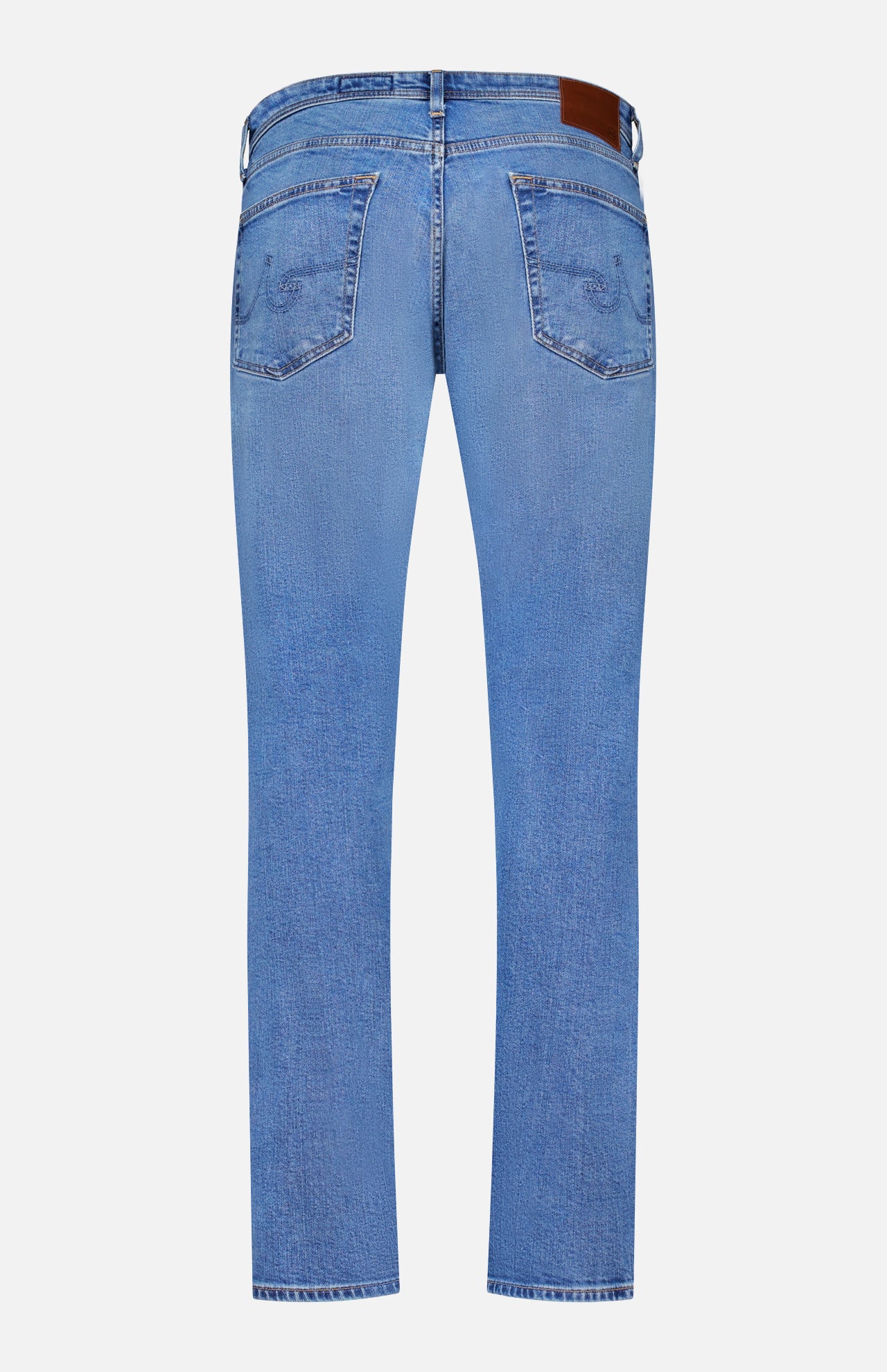 Back view of AG's Protege Straight Leg Jeans in Promise—comfortable stretch, light blue denim with two back pockets, visible stitching, and a brown leather patch on the waistband—displayed against a white background.