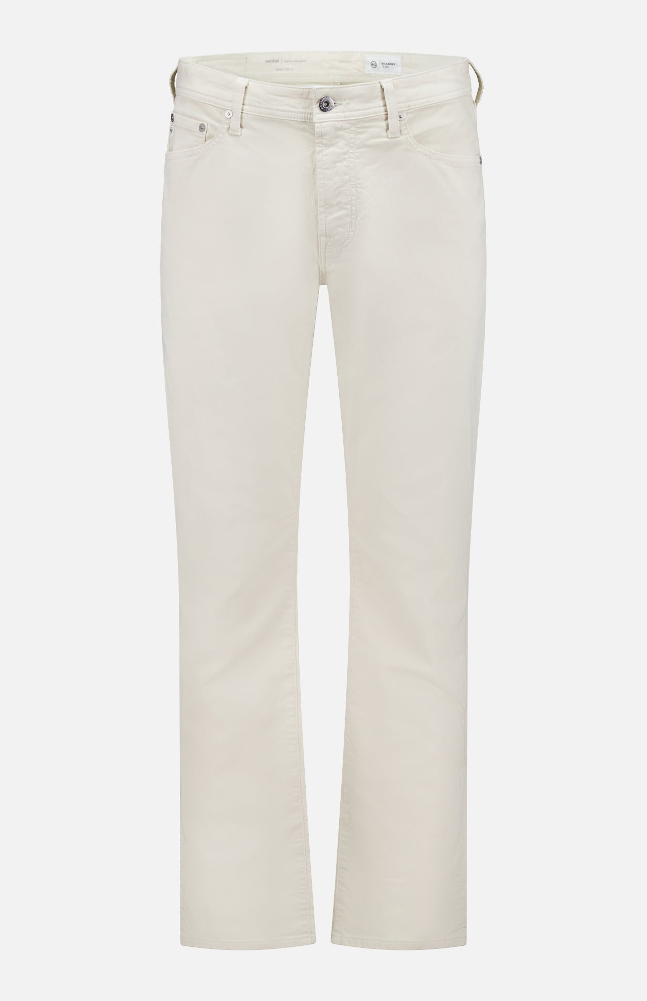 The AG Protege Pants in Pumice are off-white, stretch straight-leg jeans with front and back pockets, belt loops, and button-zip closure. Shown against a plain white background.