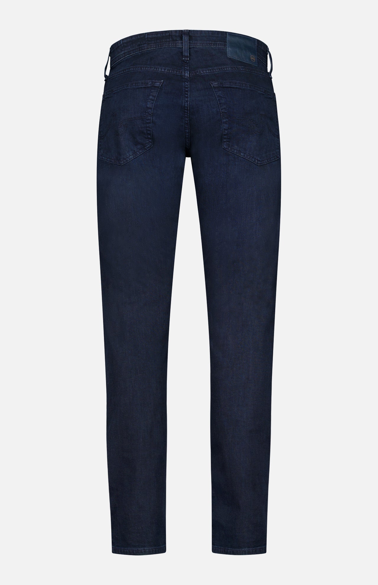 The AG Tellis Slim Jeans in Tamarack are shown from the back, featuring two back pockets, belt loops, and a black patch on the waistband against a plain white background.
