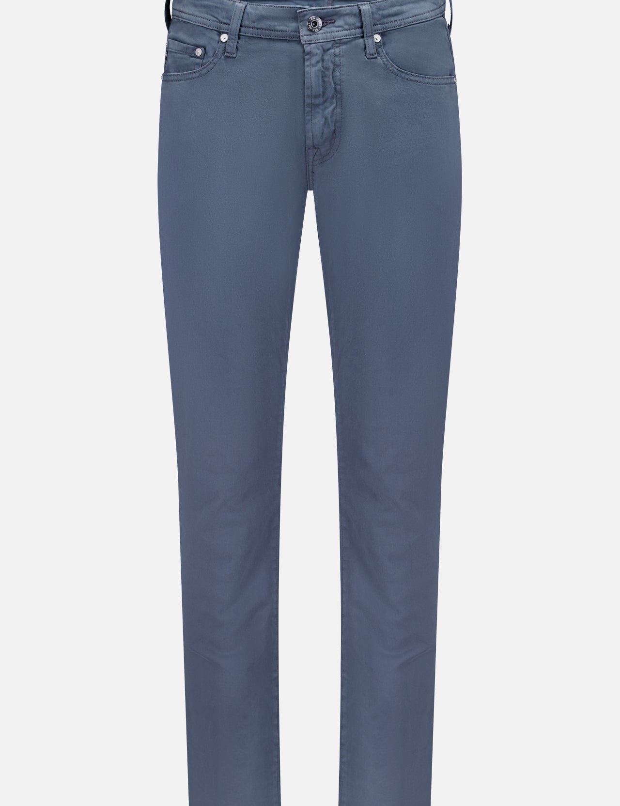 AG Tellis Sueded Sateen Pants in Blue Grain feature a slim fit, five pockets, belt loops, and a light blue-gray microsueded finish, shown against a plain white background.