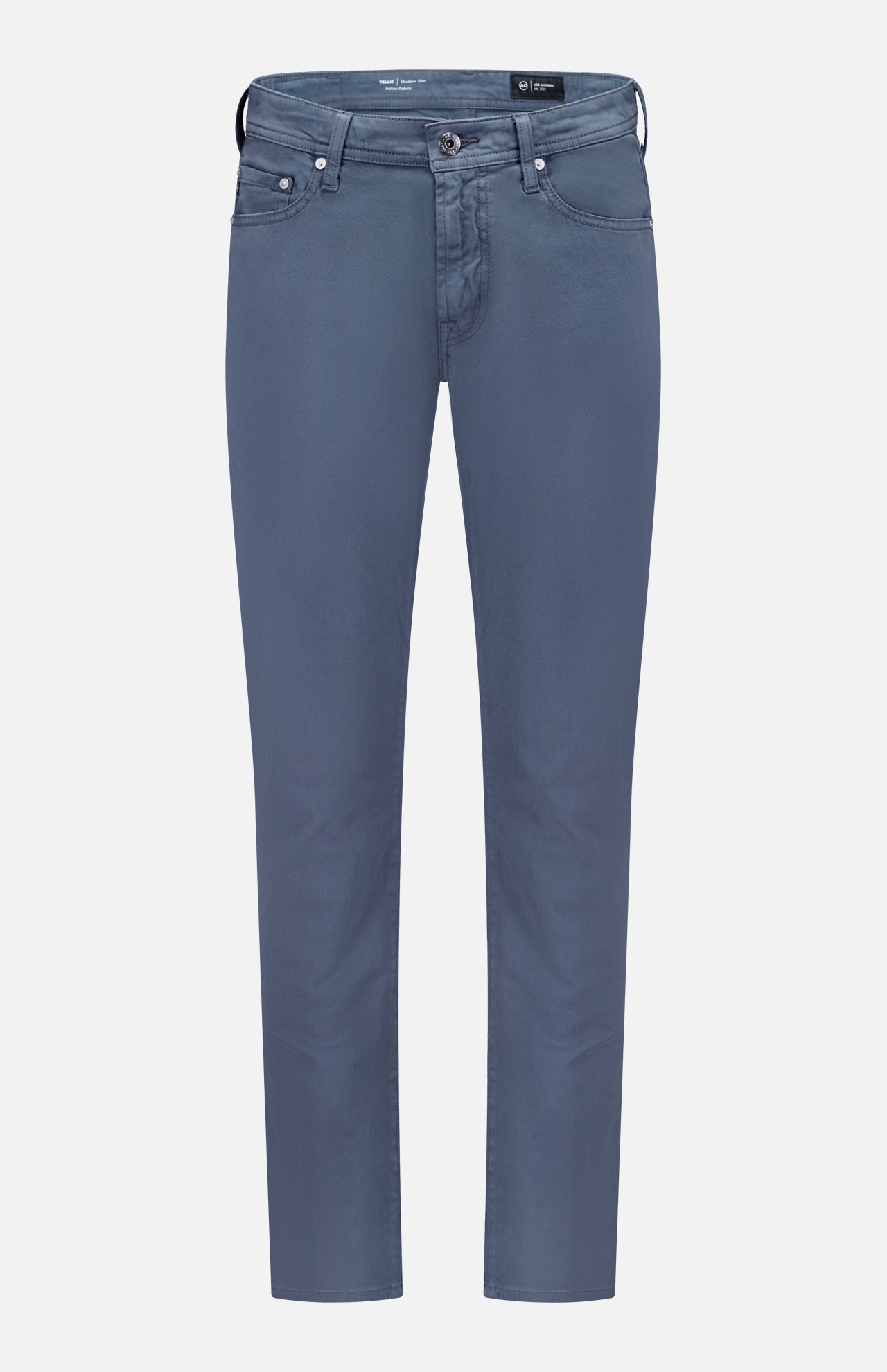 AG Tellis Sueded Sateen Pants in Blue Grain feature a slim fit, five pockets, belt loops, and a light blue-gray microsueded finish, shown against a plain white background.