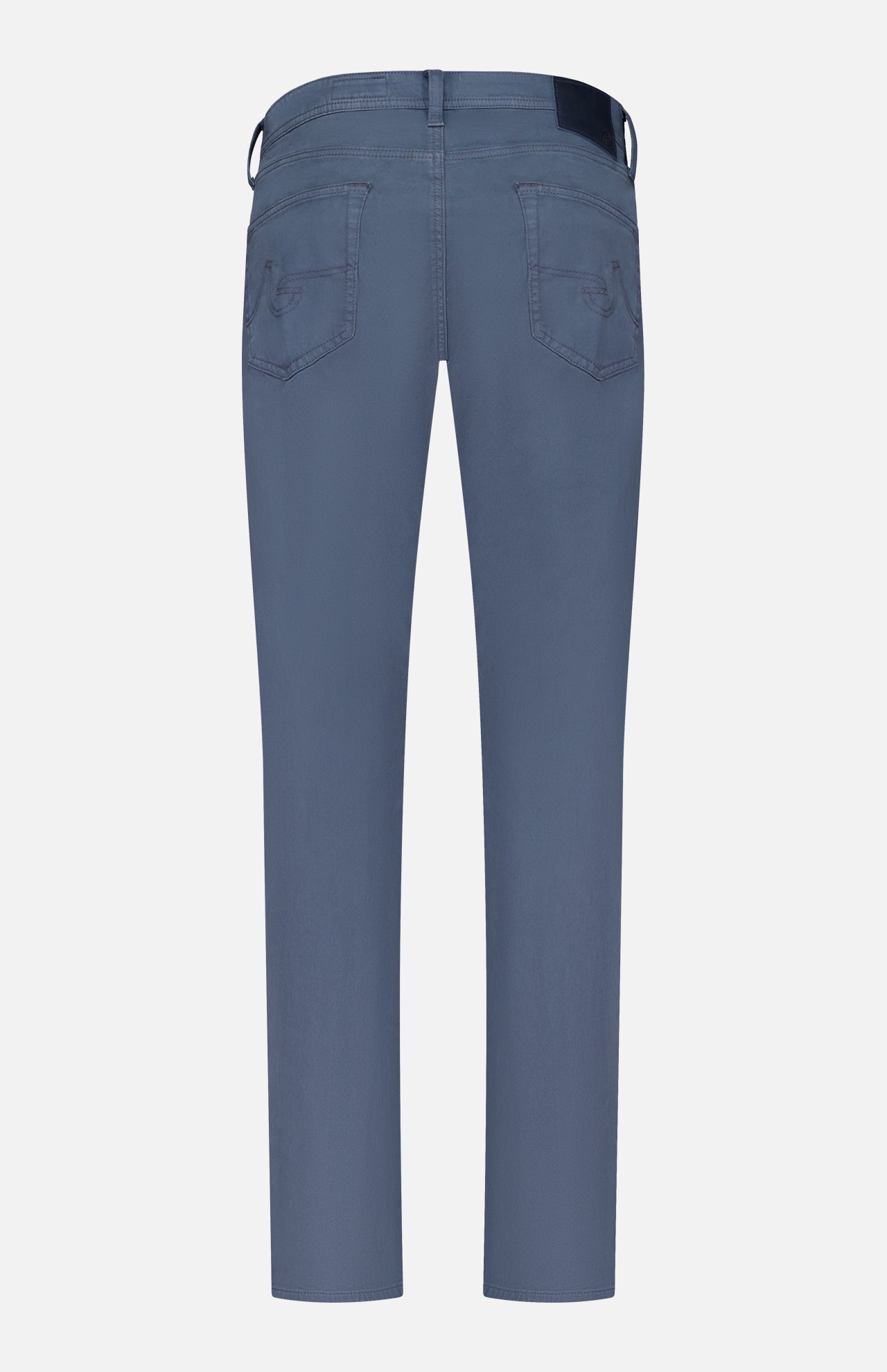 Back view of AG's Tellis Sueded Sateen Pants in Blue Grain, featuring a slim fit, two rear pockets, visible stitching, and belt loops against a plain white background.