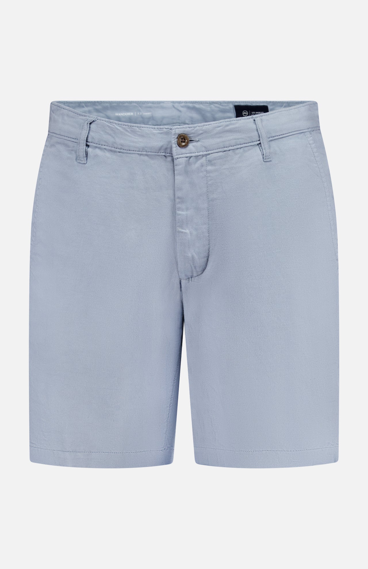 The AG Wanderer 8.5" Inseam Shorts for men are light blue with belt loops, side pockets, and a button-zip closure, shown against a plain white background.