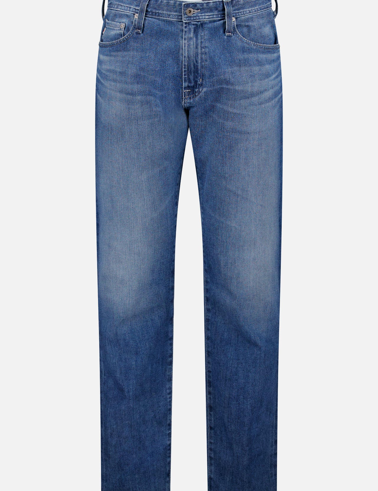 The AG Protege All Direction Stretch Jeans feature a classic straight-leg cut, five pockets, and a subtle fade on the thighs and knees, crafted from stretch denim and shown against a white background.