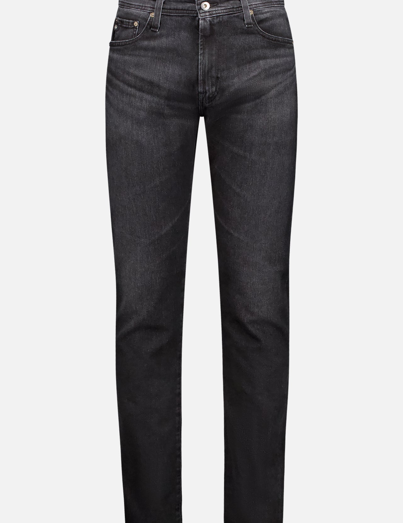 The AG Tellis Jean features a slim fit, straight legs, classic five-pocket design, vintage black fading, and button fastening, displayed against a plain white background.