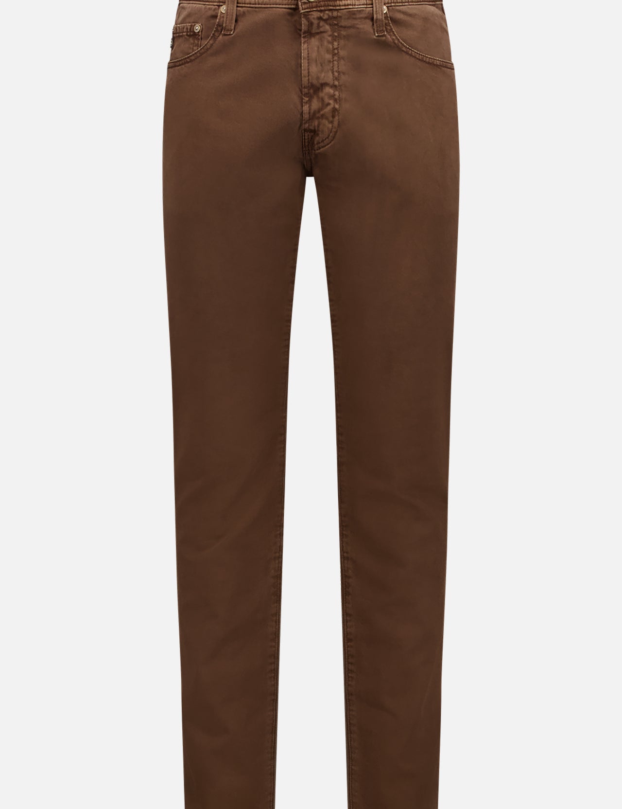The AG Tellis Jean is a pair of slim fit dark brown Italian stretch sateen jeans with button and zip closure, belt loops, and front and back pockets, shown on a white background.