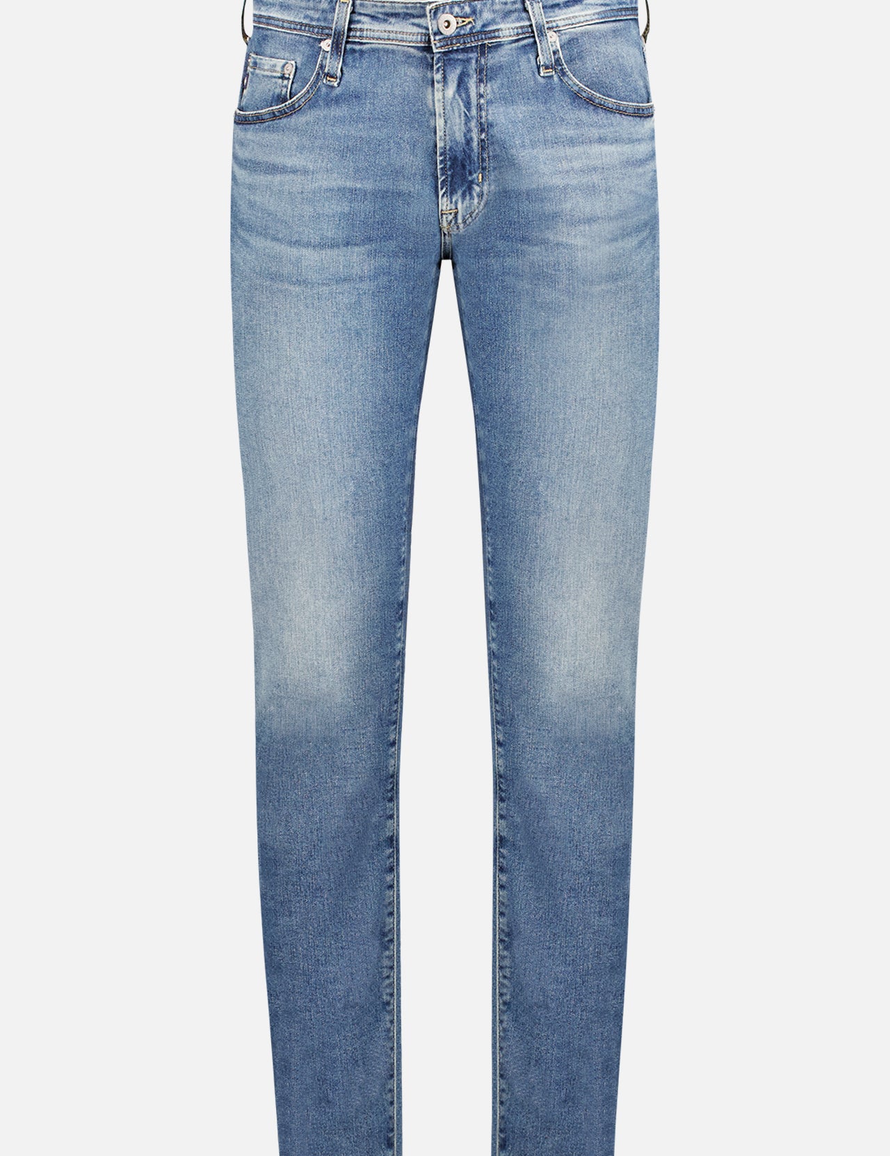 The Tellis Jean in Plateau by AG is a light blue slim fit denim with a classic five-pocket design, subtle thigh fading, and a button waist closure, displayed against a plain white background.