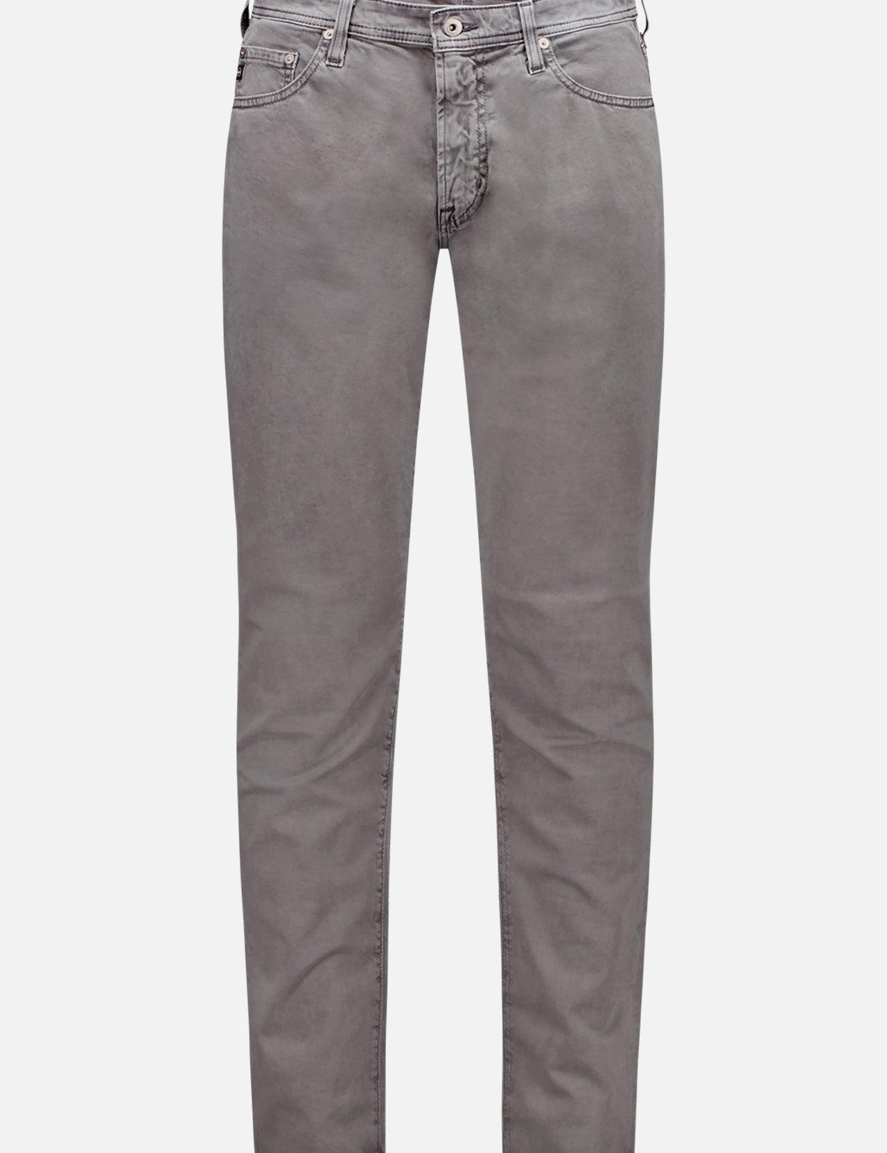 The Tellis Jean in Sulfur Bayside Road by AG is a slim-fit grey jean made from luxurious Italian sateen with a classic five-pocket design, button closure, and belt loops, shown against a white background.