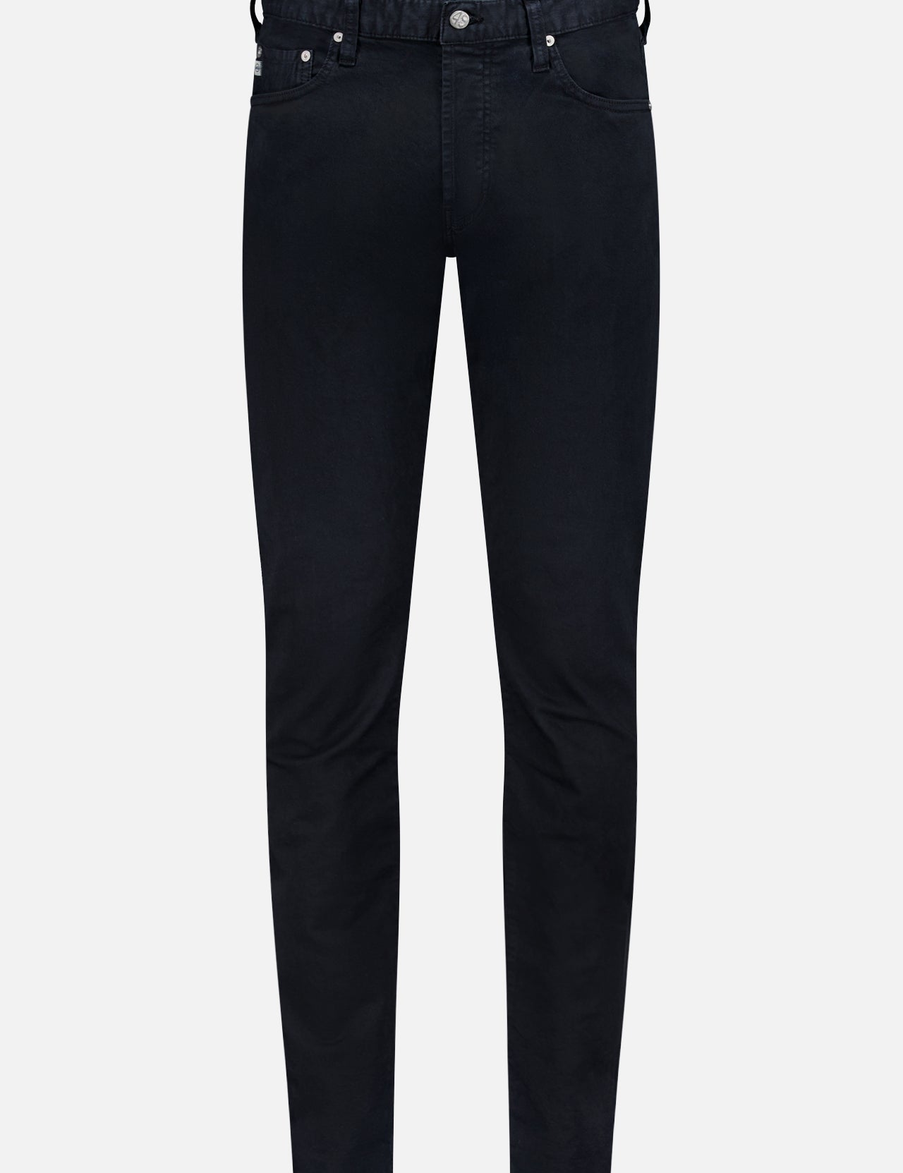The AG Tellis Slim Selvage Jeans are black, slim-fit jeans made from premium selvage denim with front and back pockets, belt loops, and a button fly, shown against a plain white background.