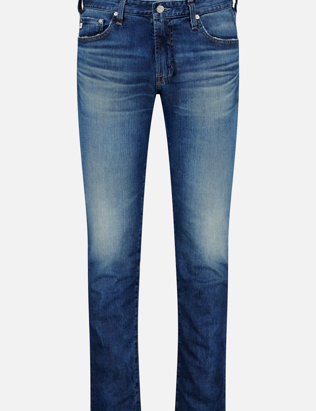 The AG Tellis Slim Vintage Jeans feature a dark blue wash, slim cut, front zipper and button closure, with subtle fading on the thighs and knees.