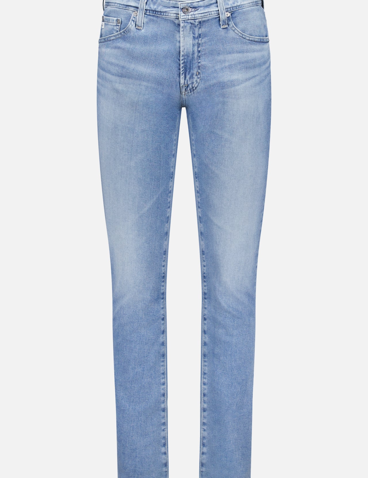 The AG Tellis Slim Cloud Soft Jeans are light blue with a mid-rise waist, classic five-pocket design, and slim straight leg fit, shown on a plain white background.