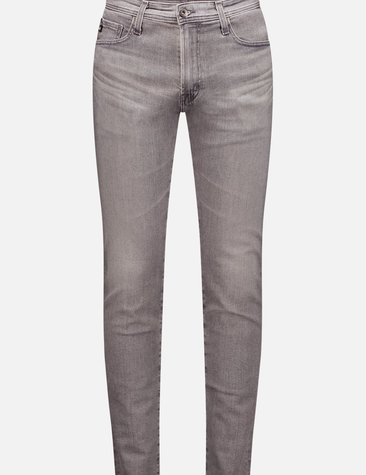 The AG Tellis Pant in Prestige is a pair of mid-rise, light gray skinny jeans with button and zip closure, front and back pockets, and subtle thigh fading for a slim fit look.