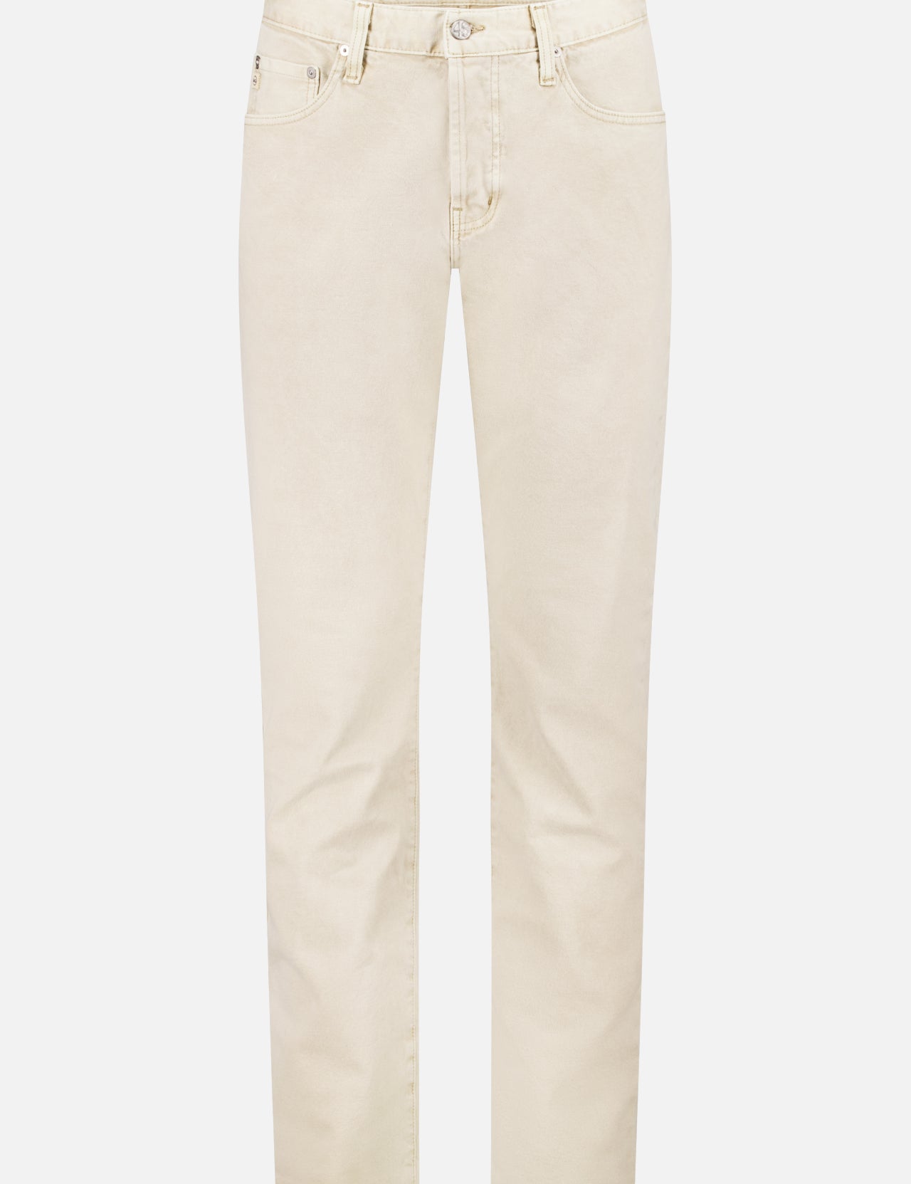 The AG Tellis Selvage Pant is a pair of beige straight-leg jeans made from Japanese denim, with five pockets, belt loops, and a button-zip closure, shown against a white background.