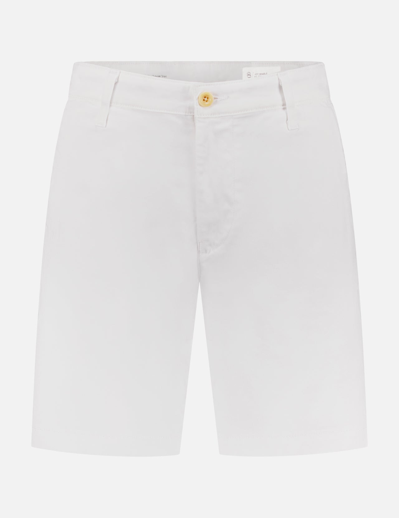 The AG Wanderer Cotton Short is a white, slim fit, knee-length style with button and zip closure, belt loops, and side pockets, displayed against a plain white background.