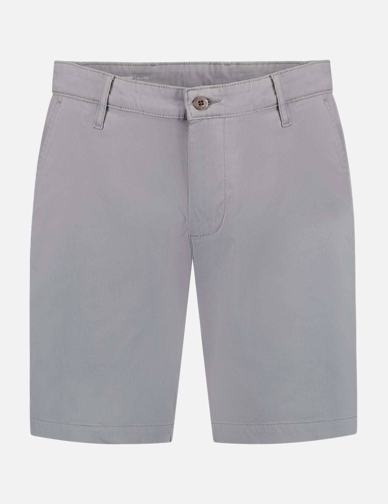 The AG Wanderer Short is a light gray, slim-fit men's chino featuring a button closure, belt loops, and side pockets. Displayed on a plain white background, it's ideal for elevating your everyday style.