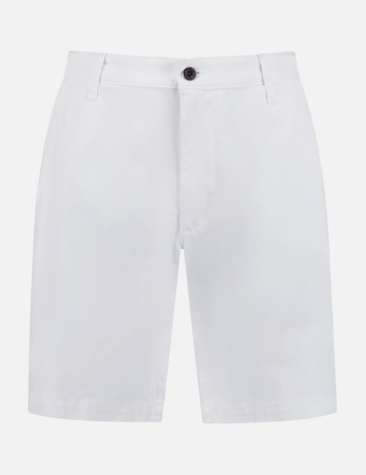 The AG Wanderer Short features a slim fit, knee-length design in plain white with belt loops, side pockets, and a front button-zip closure—an essential men's wardrobe staple shown against a white background.