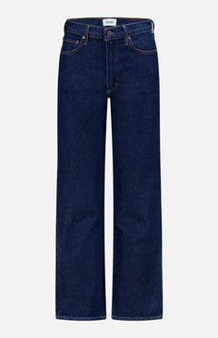 The Harper Straight Leg Jean by AGOLDE features a dark indigo wash, high waist, five pockets, button closure, and is made from regenerative cotton denim. Shown against a plain white background.