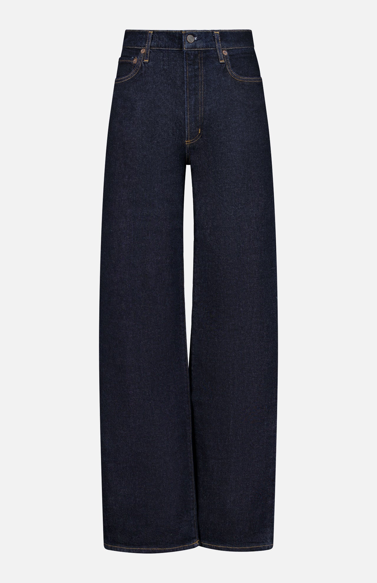 AGOLDE’s Harper Jean in Reissue features a wide-leg silhouette in dark indigo denim, designed with a high waist, front button and zipper closure, and classic five-pocket styling. Displayed on a plain white background, these straight leg jeans deliver timeless style and effortless versatility for any wardrobe.