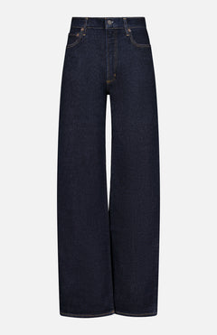 AGOLDE’s Harper Jean in Reissue features a wide-leg silhouette in dark indigo denim, designed with a high waist, front button and zipper closure, and classic five-pocket styling. Displayed on a plain white background, these straight leg jeans deliver timeless style and effortless versatility for any wardrobe.