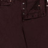 Close-up of the AGOLDE Ren Jean in Sloe Berry, a pair of burgundy high rise, cropped jeans featuring a partially open button fly with four metal buttons, front pockets, and a visible white AGOLDE label inside the waistband—offering a modern take on classic denim.