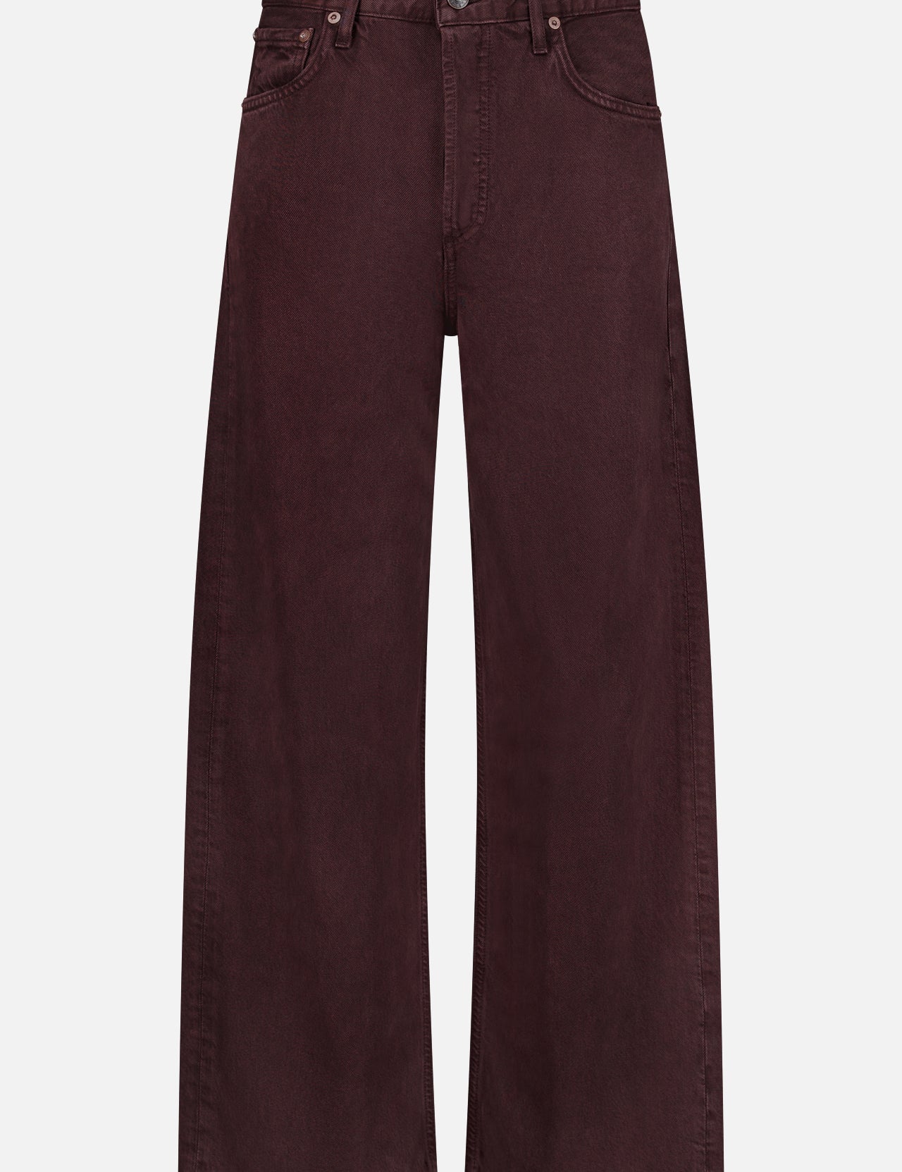 The AGOLDE Ren Jean in Sloe Berry is a pair of wide-leg, high-waist jeans in a rich dark maroon shade, featuring front and back pockets, belt loops, and a button closure. These high-rise jeans are displayed flat against a white background.