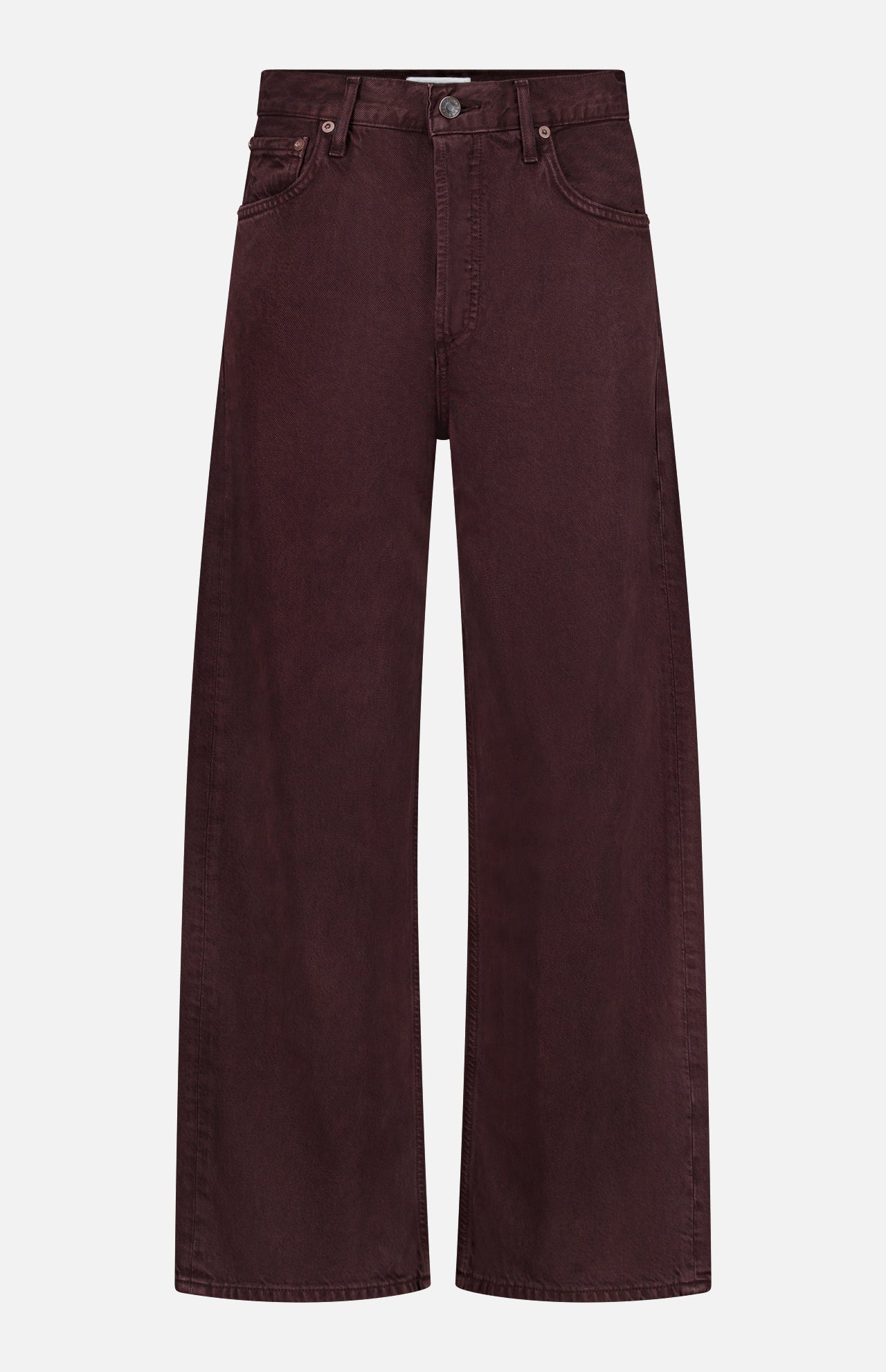 The AGOLDE Ren Jean in Sloe Berry is a pair of wide-leg, high-waist jeans in a rich dark maroon shade, featuring front and back pockets, belt loops, and a button closure. These high-rise jeans are displayed flat against a white background.