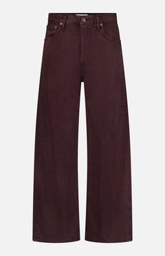 The AGOLDE Ren Jean in Sloe Berry is a pair of wide-leg, high-waist jeans in a rich dark maroon shade, featuring front and back pockets, belt loops, and a button closure. These high-rise jeans are displayed flat against a white background.