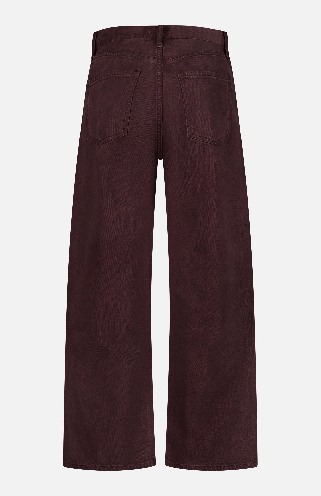 Back view of the AGOLDE Ren Jean in Sloe Berry: these high-waisted, wide-leg maroon jeans feature two back pockets, belt loops, and visible stitching details, offering a modern twist on classic wide leg jeans.