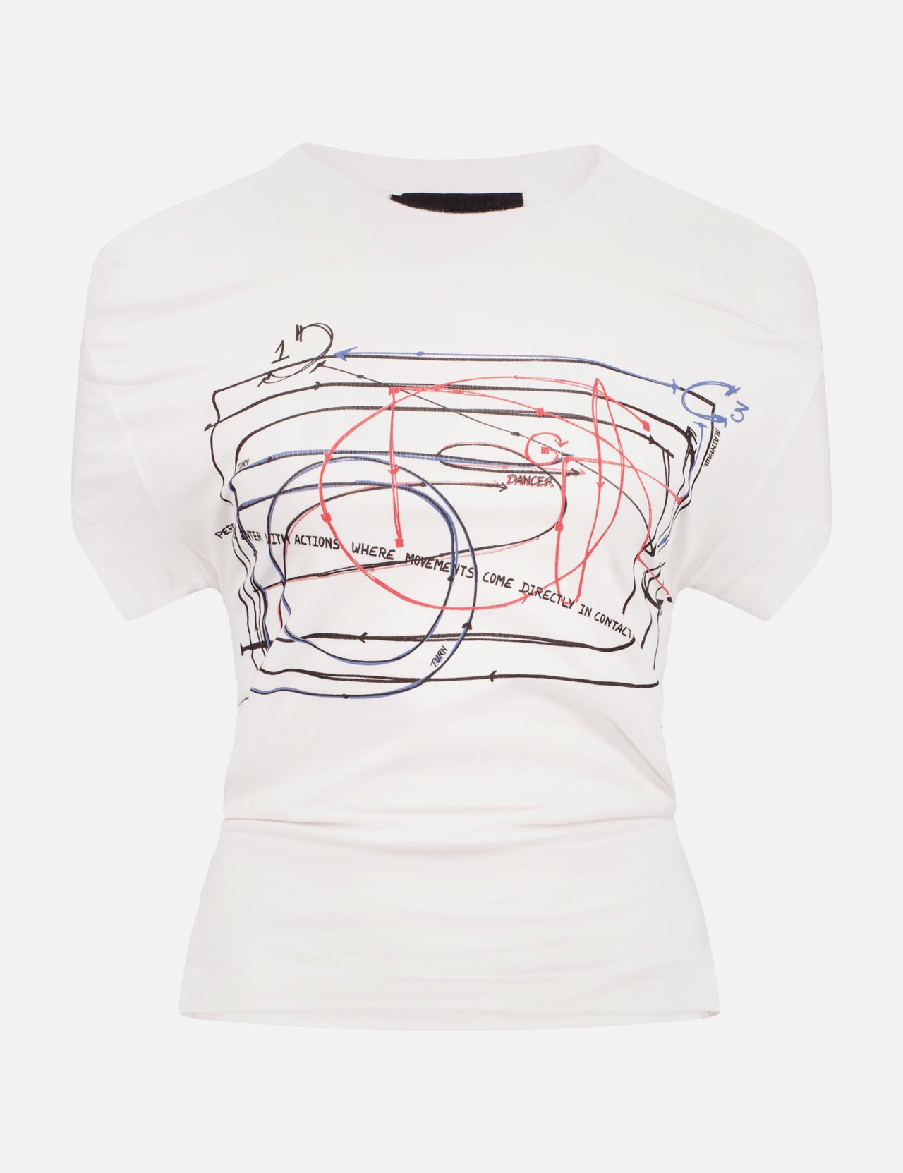 The ALAINPAUL Fitted Elastics Short Sleeve T-Shirt features an abstract design with overlapping black, red, and blue lines and handwritten text across the chest, celebrating artistic expression through a dance-inspired graphic.