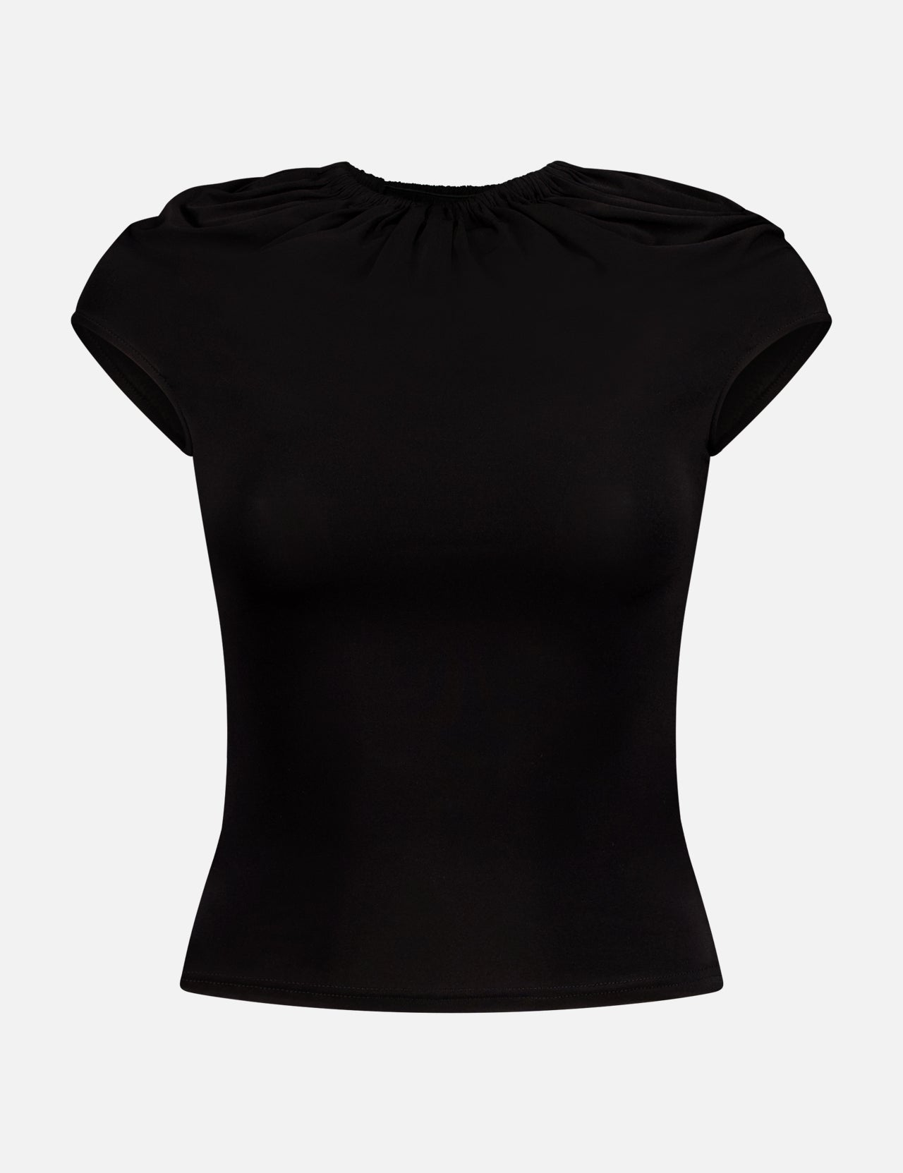 The ALAINPAUL Gathered Neck Top is a black, short-sleeve style with slight ruching and a smooth plain fabric, shown on a white background.